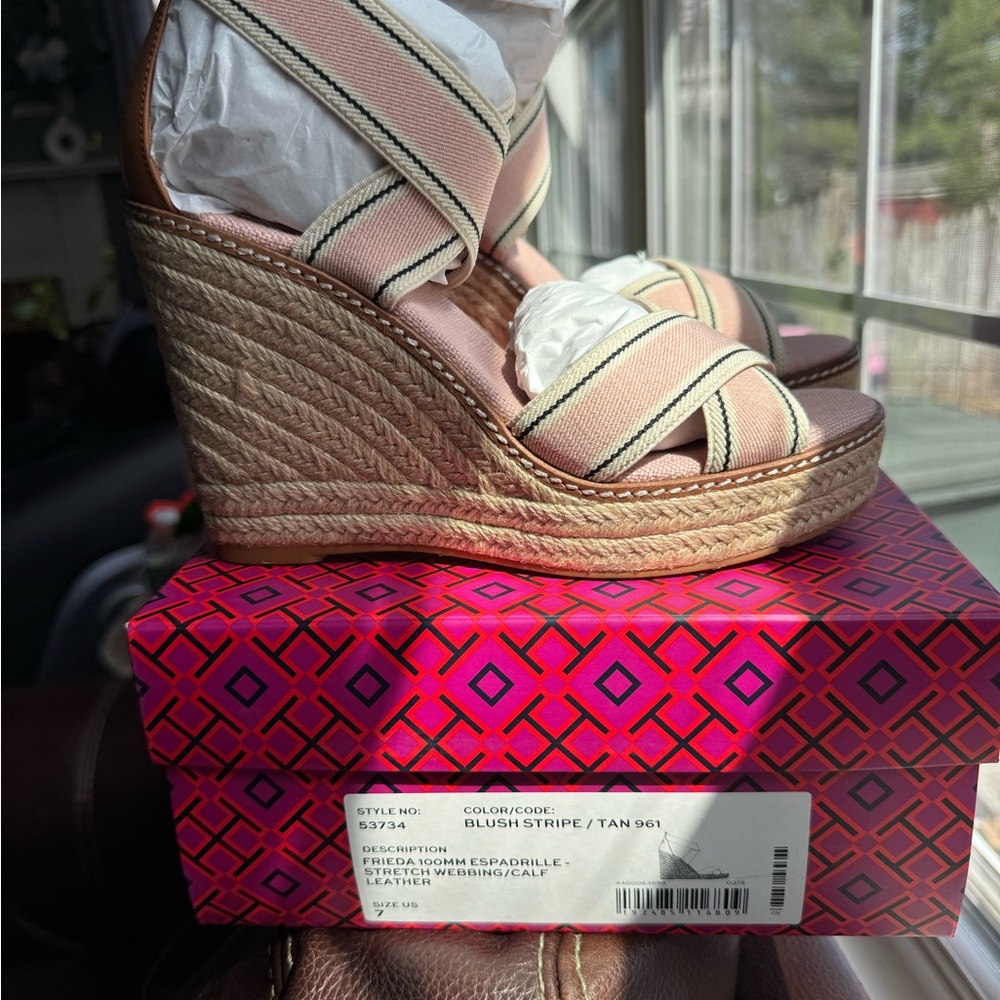 Tory Burch Blush Stripe Espadrille Wedges